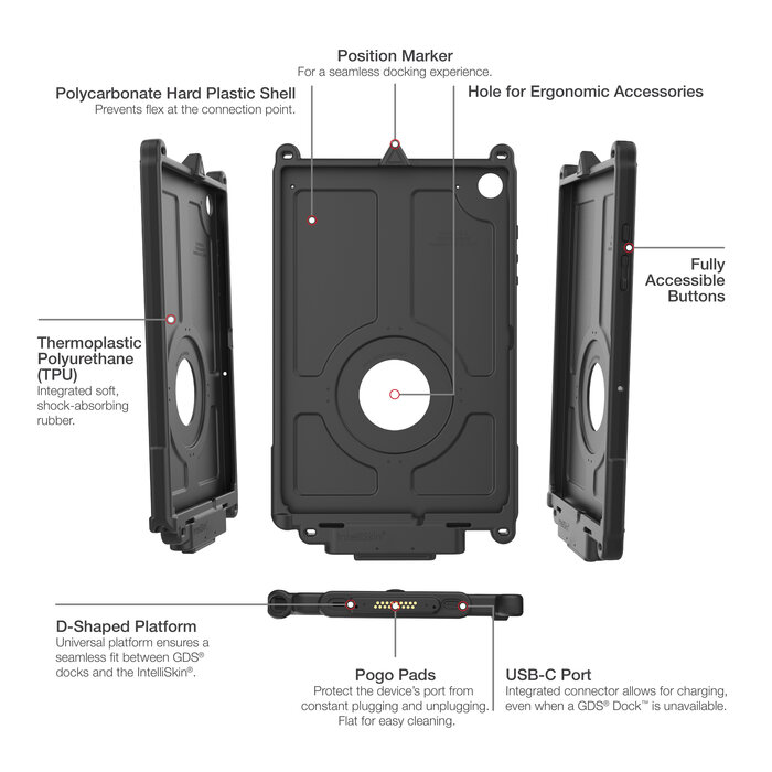 RAM MOUNT RAM-GDS-SKIN-SAM88-NG - Cet étui de protection RAM Mounts GDS IntelliSkin Next Gen est conçu pour la Samsung Galaxy Tab A9+ et offre une protection fiable combinée à une fonction de charge pratique. Le connecteur GDS intégré se trouve dans le cadre intern