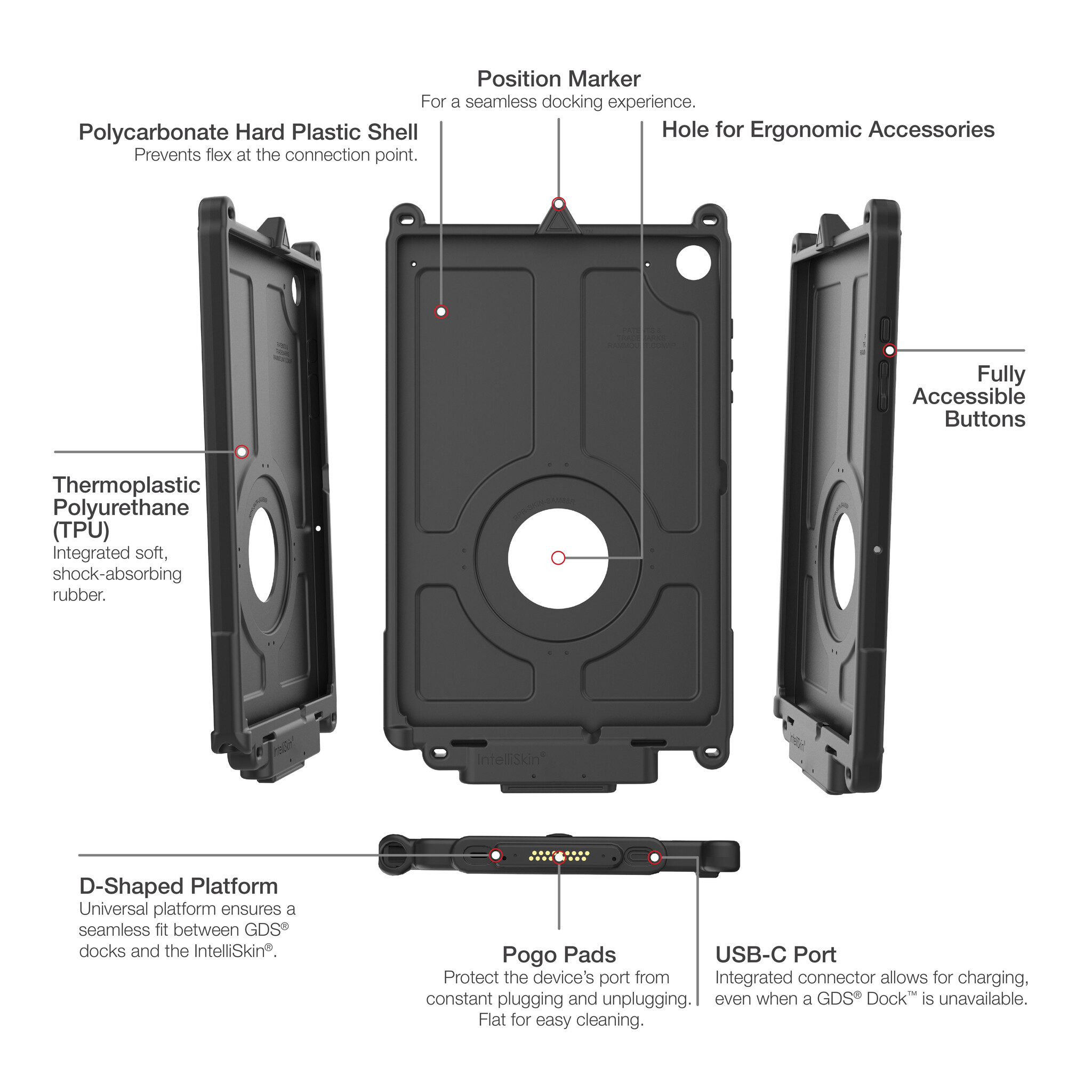 RAM MOUNT RAM-GDS-SKIN-SAM88-NG - This RAM Mounts GDS IntelliSkin Next Gen protective case is designed for the Samsung Galaxy Tab A9+ and offers reliable protection combined with convenient charging functionality. The integrated GDS connector is located in the inne