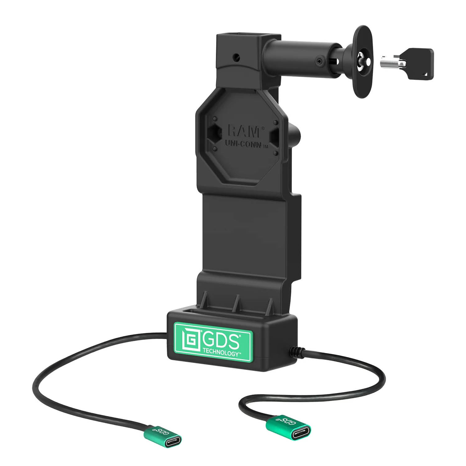 RAM MOUNT RAM-GDS-DOCKL-V12-U1CP-CU RAM monta la base di ricarica GDS Uni-Conn a molla con chiavizza a chiave - Pattern AMPS a 2 fori - Connettore USB-C & USB-C - A vite