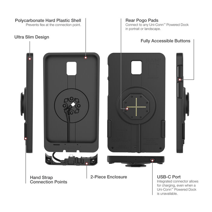 RAM MOUNT RAM-GDS-SKIN-SAM93-TCB Montaje de RAM en funda IntellýSkin Thin-Case para Samsung Galaxy Tab Active3 y Active5 - Pogo-Pads traseros - USB-C externo - TecnologÝa GDS
