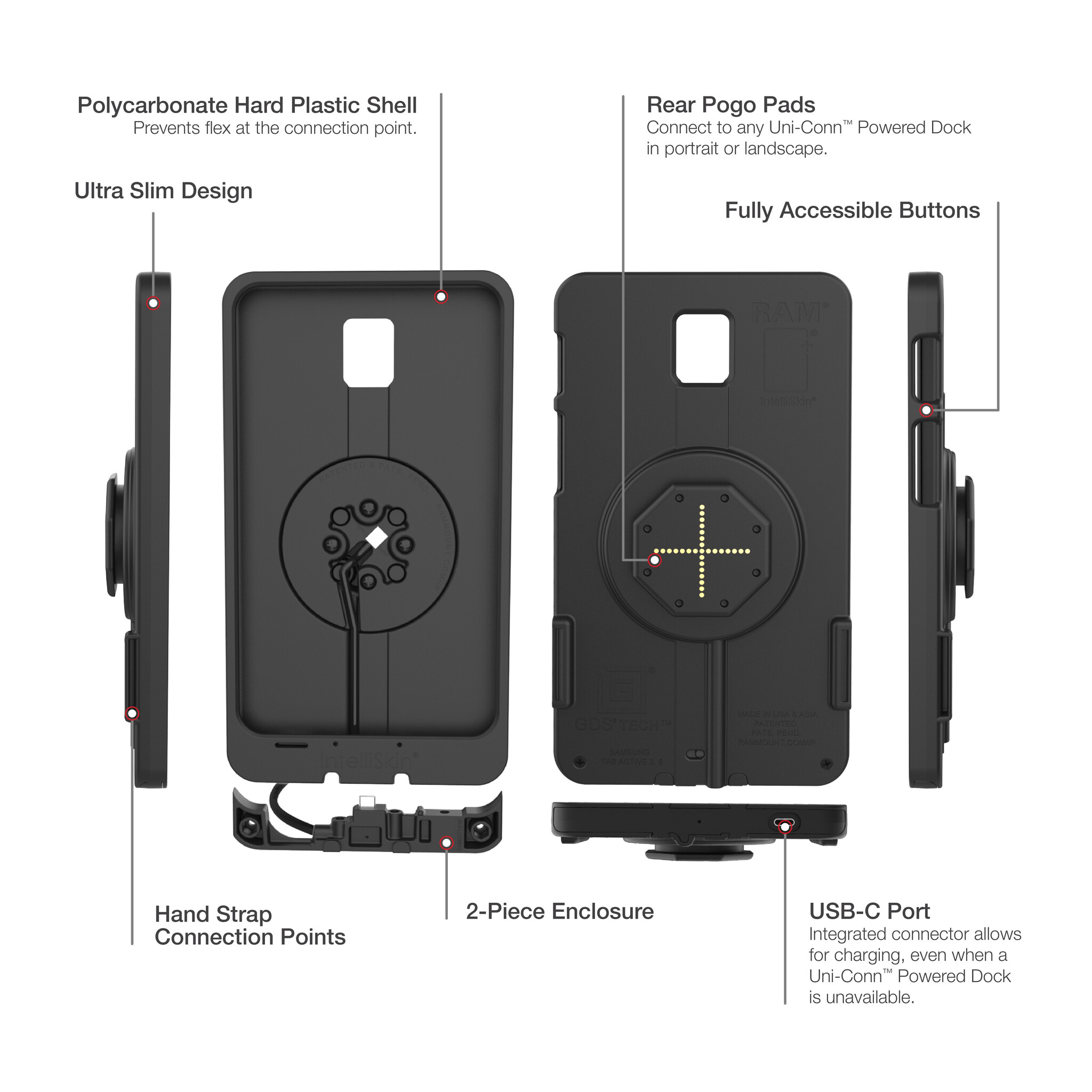 RAM MOUNT RAM-GDS-SKIN-SAM93-TCB Monta RAM con custodia sottile IntellýSkin per Samsung Galaxy Tab Active3 & Active5 - Pogo-pad posteriori - USB-C esterno - Tecnologia GDS