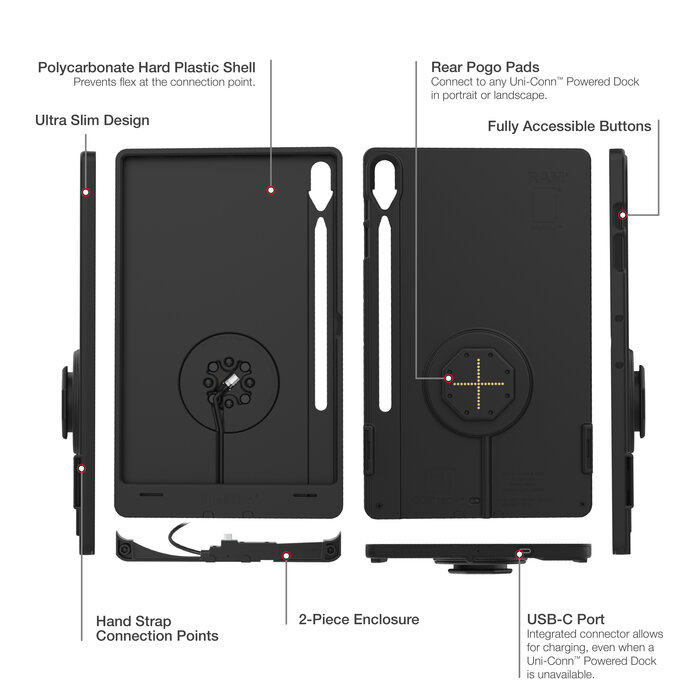 RAM MOUNT RAM-GDS-SKIN-SAM96-TCB RAM-mount IntellýSkin Thin-case voor Samsung Galaxy Tab S9 FE+/S9+/S10+ - Achterste pogo-pads, externe USB-C, GDS-TECHNOLOGIE
