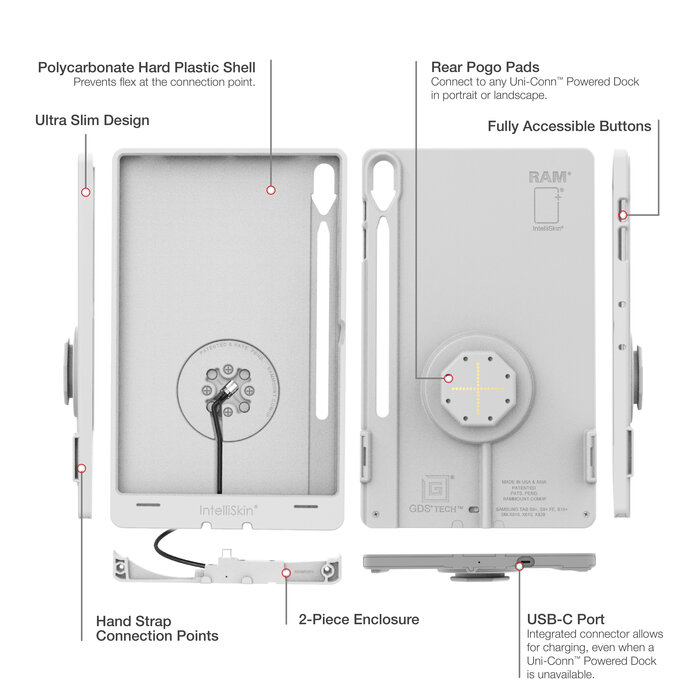 RAM MOUNT RAM-GDS-SKIN-SAM96-TCB-GRY RAM-montage IntellýSkin Thin-Case voor Samsung Galaxy Tab S9 FE+/S9+/S10+ - Achterste Pogo-Pads, externe USB-C, GDS-Technology, lichtgrijs
