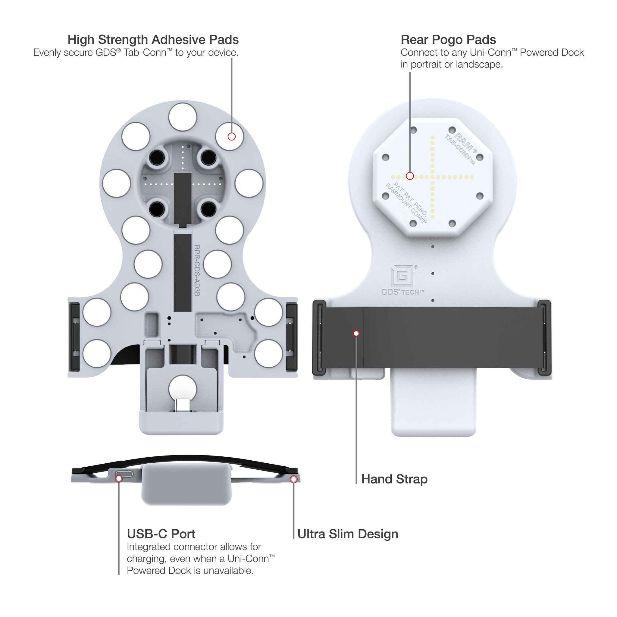 RAM MOUNT RAM-GDS-TABC-B1B-GRY Supports RAM GDS Tab-Conn pour tablettes sans bo¯tier - Pads Pogo arriÞre - Gris clair