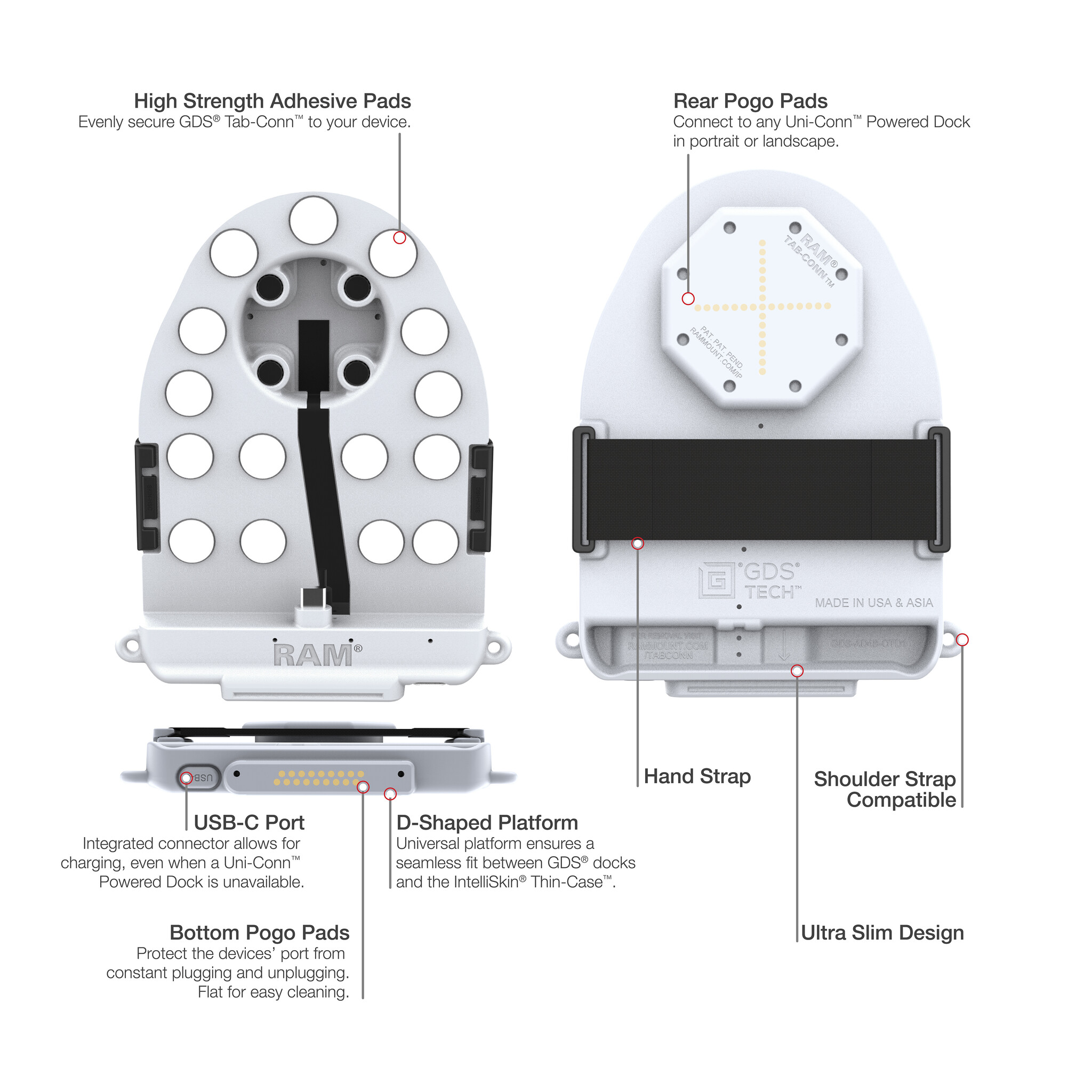 RAM MOUNT RAM-GDS-TABC-F1DB-GRY RAM Mounts GDS Tab-Conn for Folio Style Cases - D Shape & Rear Pogo Pads - Light Gray