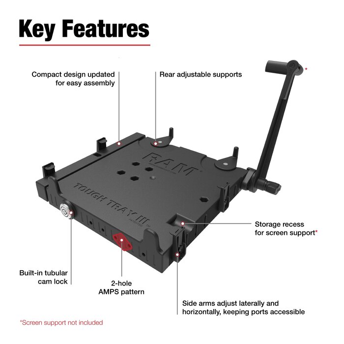 RAM MOUNT RAM-234-7 RAM-Mounts robuster Tray? III-Federbelastetes Laptop-Tray – für die meisten 10'-17'-Laptops, 4-Loch AMPS-Anschluss
