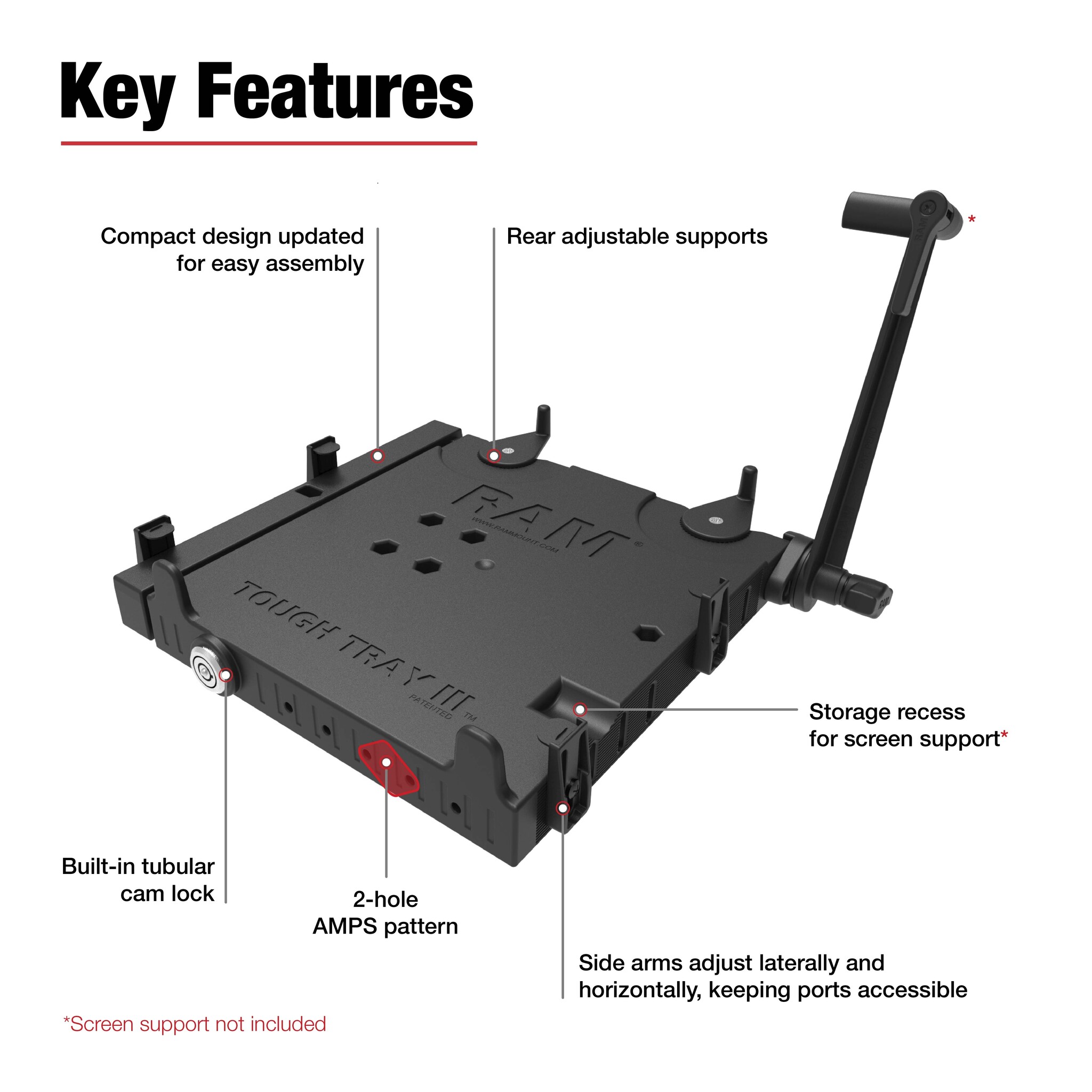 RAM MOUNT RAM-234-7 RAM-mounts Tough-tray? III veerbelaste laptoptray - voor de meeste laptops van 10'-17', 4-gats AMPS-aansluiting