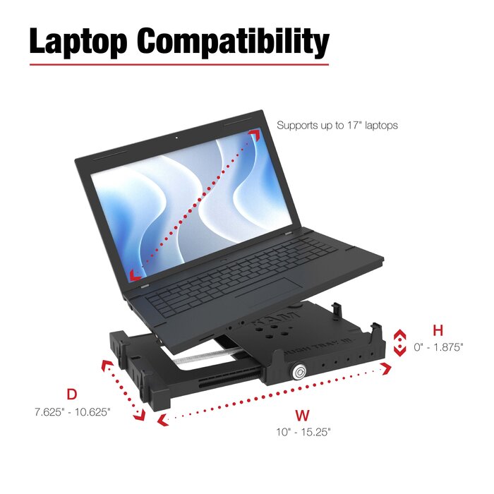RAM MOUNT RAM-234-7 RAM-Mounts robuster Tray? III-Federbelastetes Laptop-Tray – für die meisten 10'-17'-Laptops, 4-Loch AMPS-Anschluss