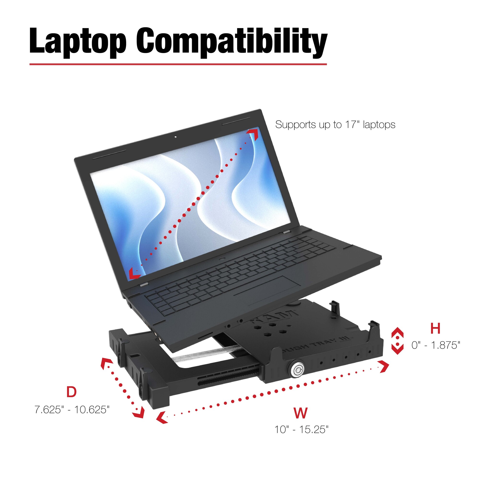 RAM MOUNT RAM-234-7 RAM-Mounts robuster Tray? III-Federbelastetes Laptop-Tray – für die meisten 10'-17'-Laptops, 4-Loch AMPS-Anschluss