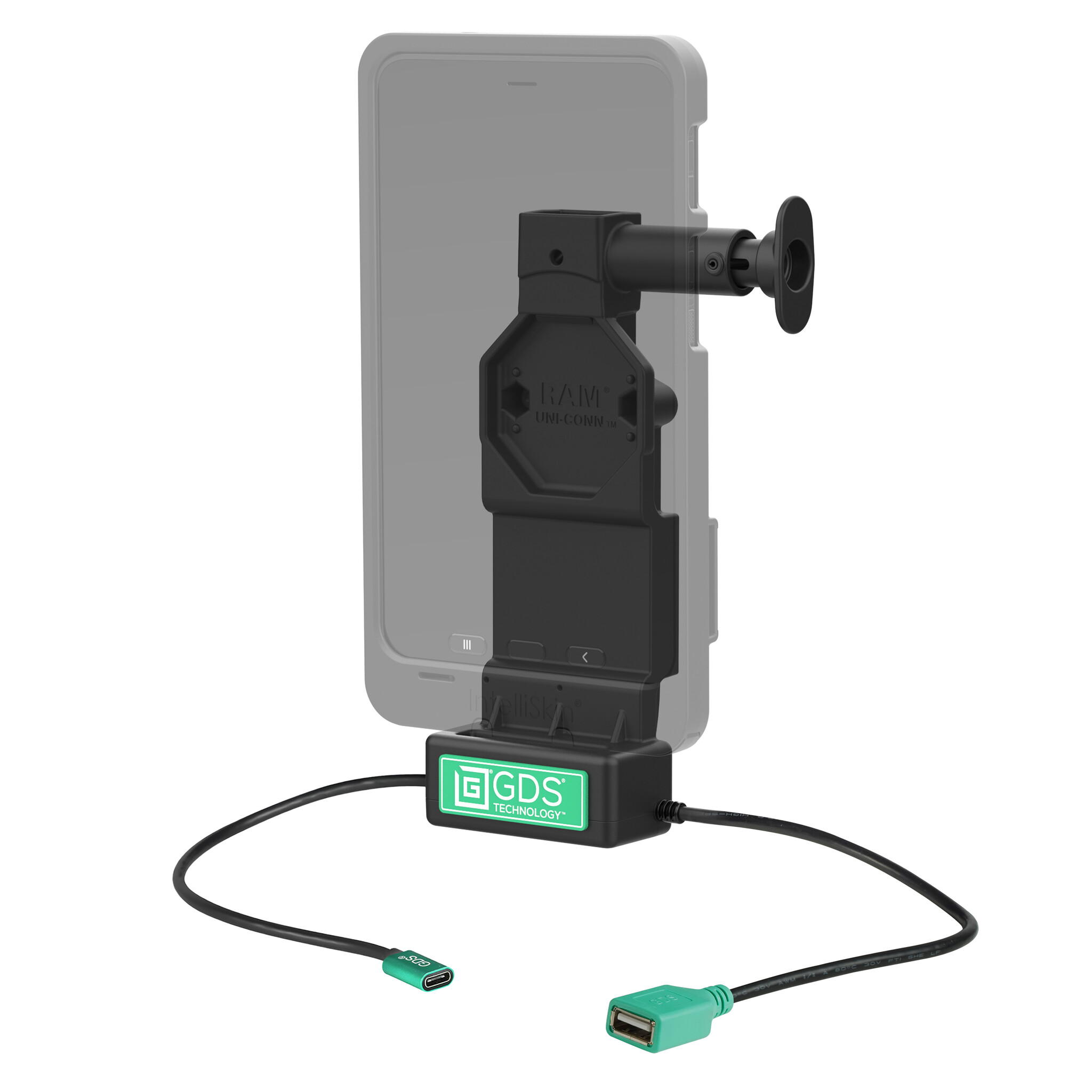 RAM MOUNT RAM-GDS-DOCK-U4CDU Base di ricarica RAM Mounts GDS Uni-Conn con pulsante di rilascio - 2 fori AMPS - Connettore USB-C e USB-A - Set di viti