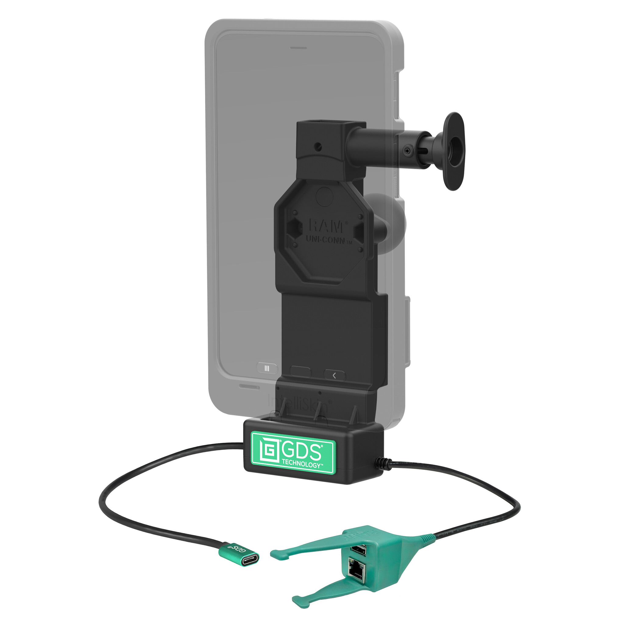 RAM MOUNT RAM-GDS-DOCK-U4CP-RJ45AU Base di ricarica RAM Mounts GDS Uni-Conn con pulsante di rilascio - 2 fori AMPS - Connettore USB-C e USB-A/RJ45 - Set di viti