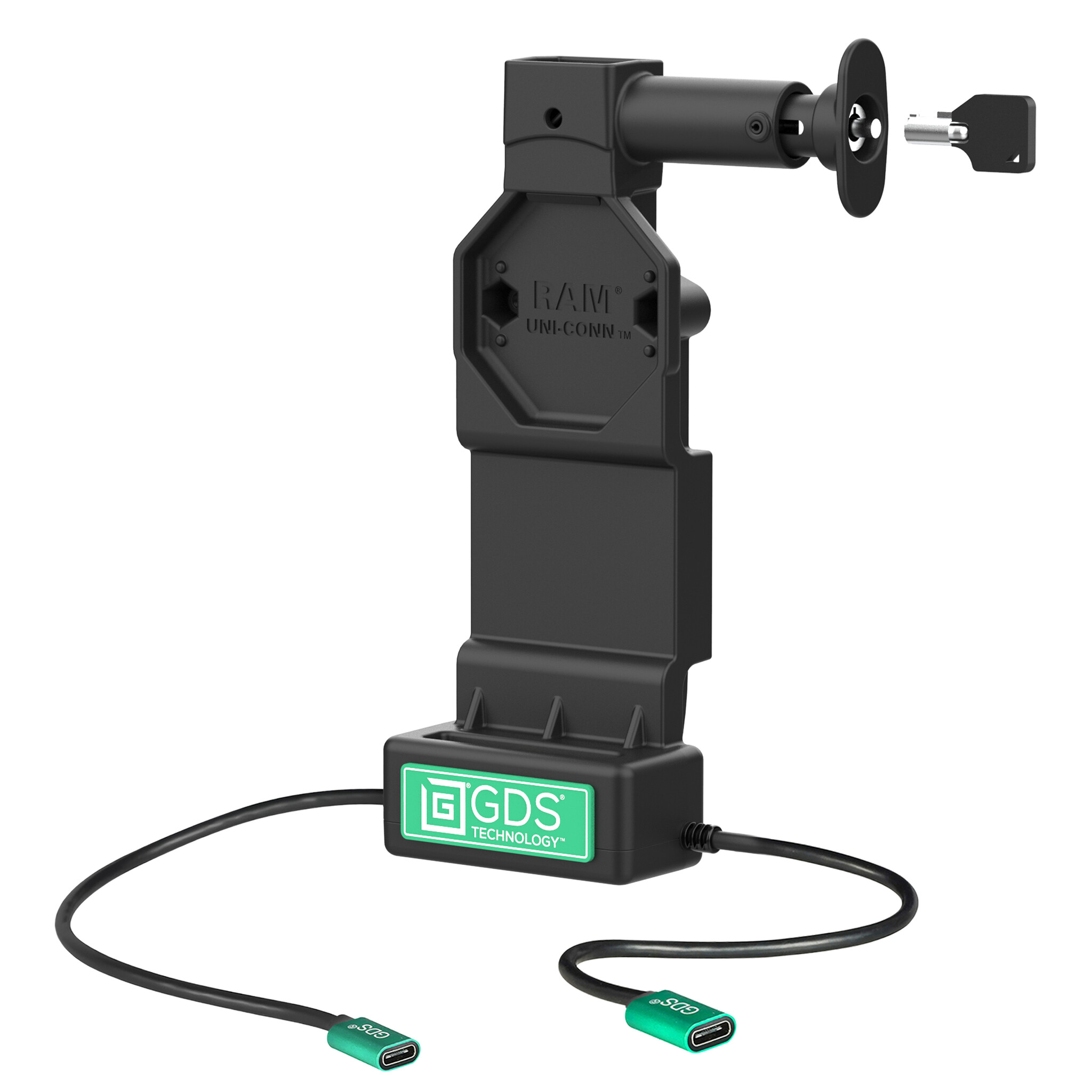 RAM MOUNT RAM-GDS-DOCKL-U4CP-CU RAM Mounts GDS Uni-Conn Dock di ricarica (con blocco a chiave) con pulsante di rilascio - 2 fori AMPS - Connettore USB-C e USB-C - Set di viti