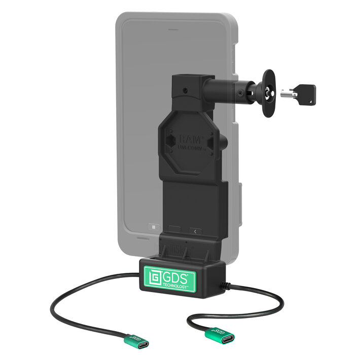 RAM MOUNT RAM-GDS-DOCKL-U4CP-CU RAM Mounts GDS Uni-Conn Dock di ricarica (con blocco a chiave) con pulsante di rilascio - 2 fori AMPS - Connettore USB-C e USB-C - Set di viti