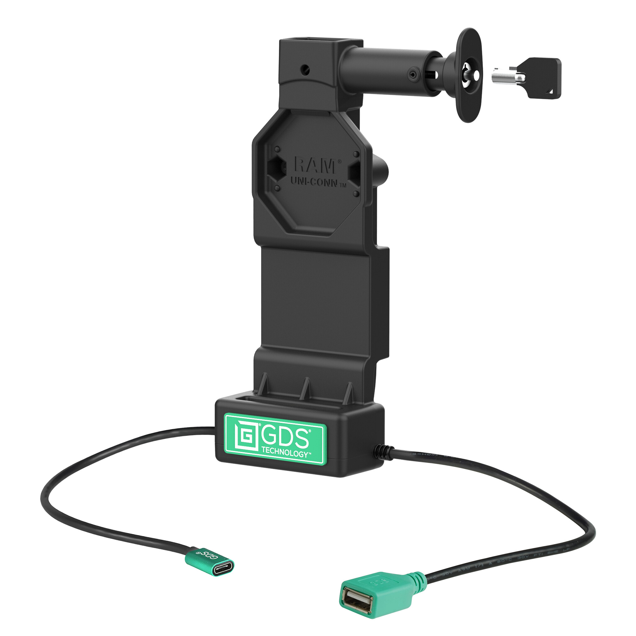RAM MOUNT RAM-GDS-DOCKL-U4CDU Base de carga RAM Mounts GDS Uni-Conn (con bloqueo de llave) con botón de liberación - AMPS de 2 orificios - Conector USB-C y USB-A - Juego de tornillos
