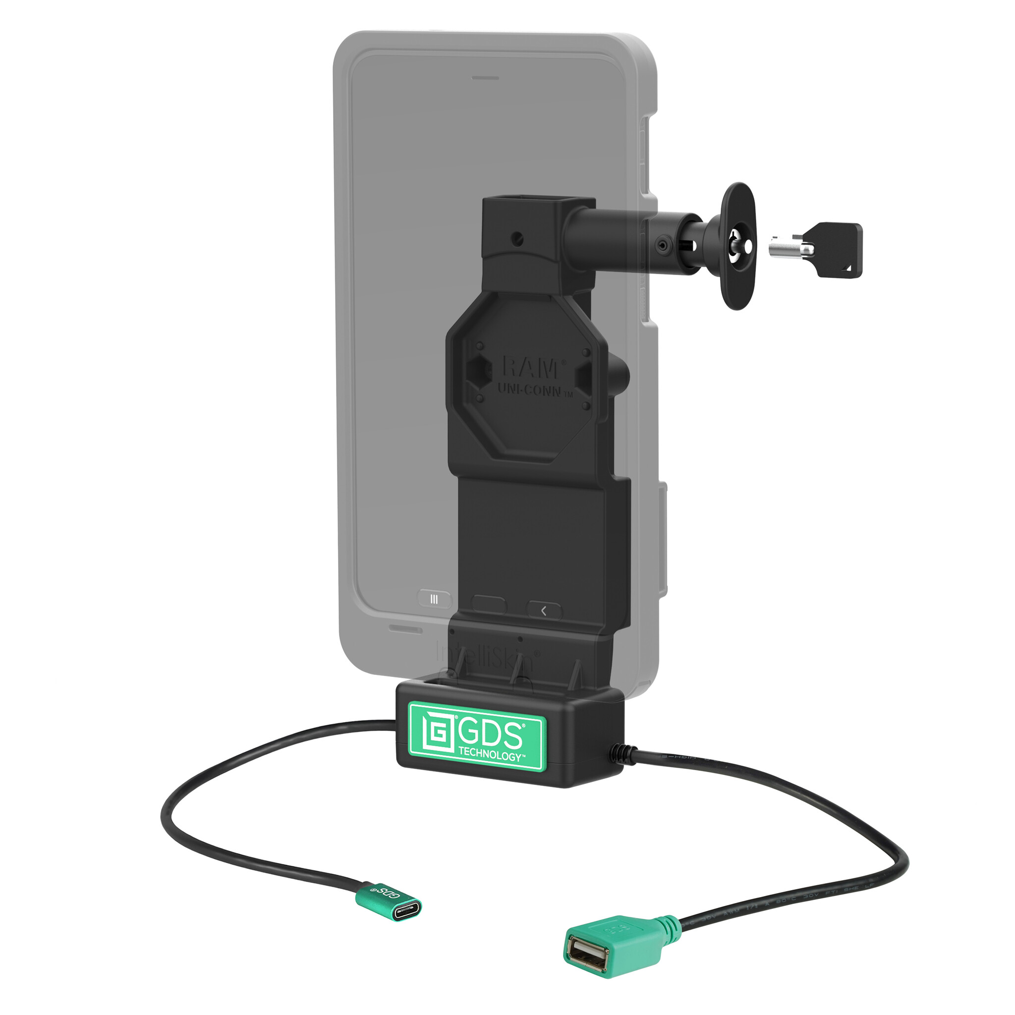 RAM MOUNT RAM-GDS-DOCKL-U4CDU Base de carga RAM Mounts GDS Uni-Conn (con bloqueo de llave) con botón de liberación - AMPS de 2 orificios - Conector USB-C y USB-A - Juego de tornillos