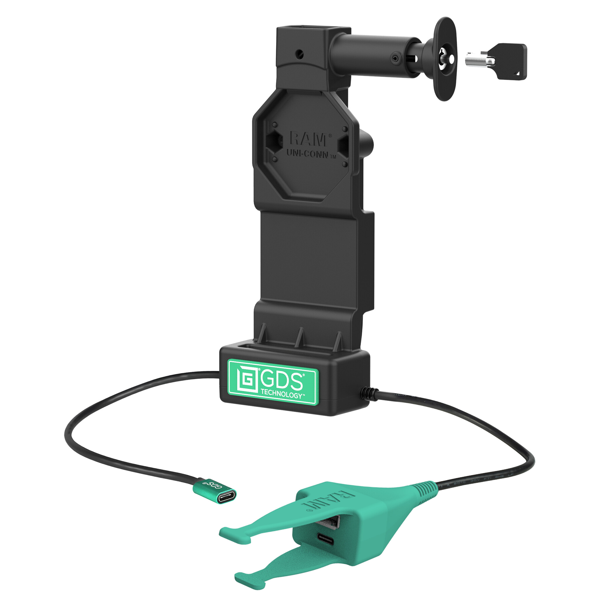 RAM MOUNT RAM-GDS-DOCKL-U4CP-CAU RAM Mounts GDS Uni-Conn Charging Dock (Key-Locking) with Release Button - 2-Fore AMPS - USB-C & USB-C/A Connector - Screw Set
