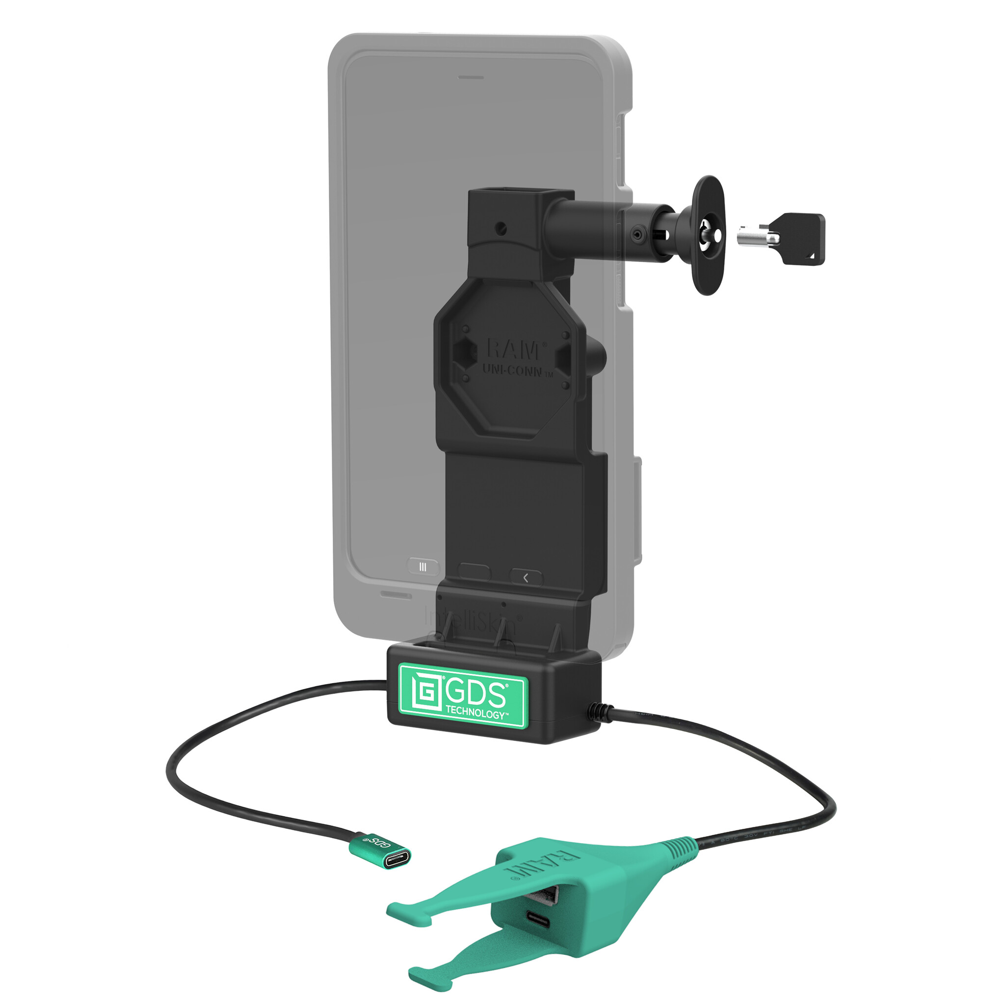 RAM MOUNT RAM-GDS-DOCKL-U4CP-CAU RAM Mounts GDS Uni-Conn Charging Dock (Key-Locking) with Release Button - 2-Fore AMPS - USB-C & USB-C/A Connector - Screw Set