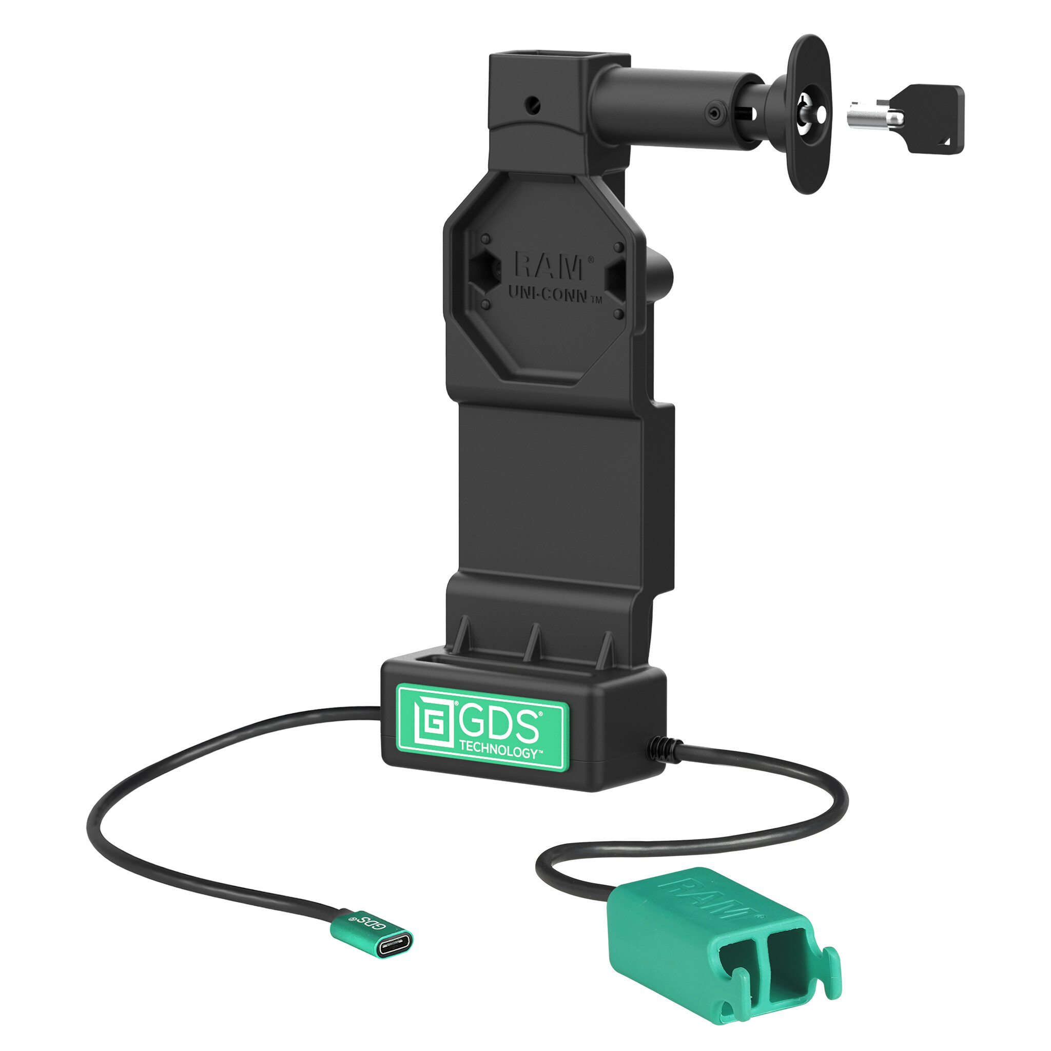 RAM MOUNT RAM-GDS-DOCKL-U4CD2U RAM Mounts GDS Uni-Conn Charging Dock (Key-Locking) with Release Button - 2-Hole AMPS - USB-C & Dual USB-A Connector - Screw Set