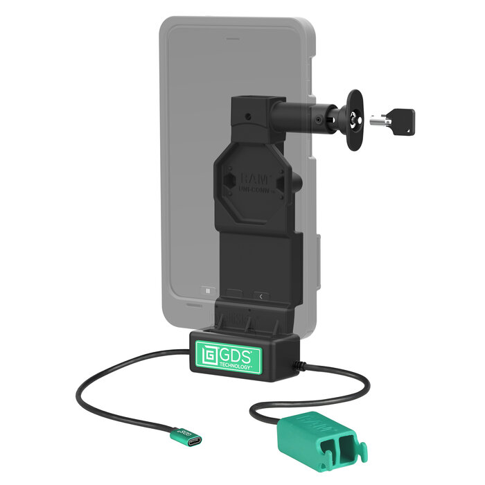 RAM MOUNT RAM-GDS-DOCKL-U4CD2U RAM Mounts GDS Uni-Conn Charging Dock (Key-Locking) with Release Button - 2-Hole AMPS - USB-C & Dual USB-A Connector - Screw Set