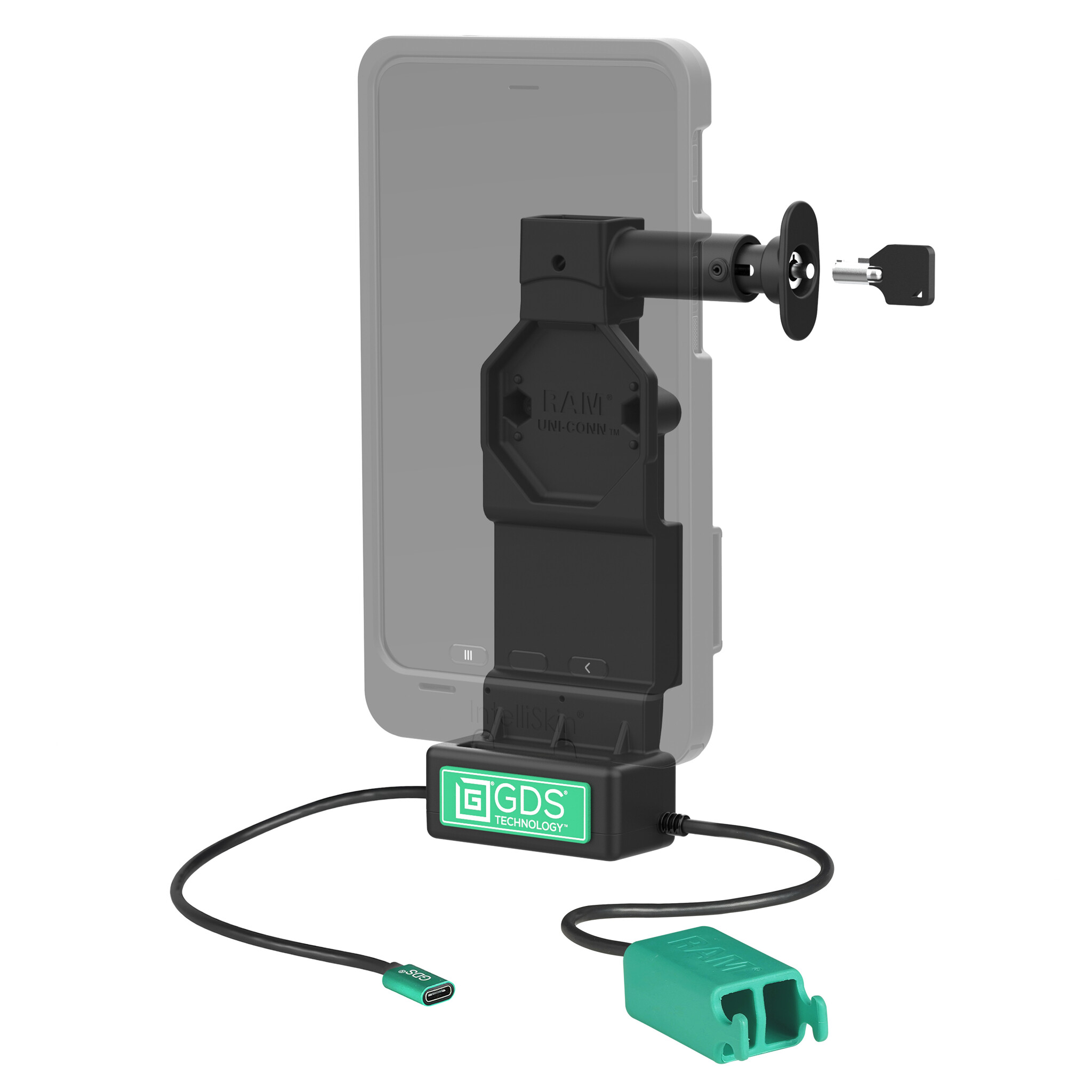 RAM MOUNT RAM-GDS-DOCKL-U4CD2U RAM Mounts GDS Uni-Conn Charging Dock (Key-Locking) with Release Button - 2-Hole AMPS - USB-C & Dual USB-A Connector - Screw Set