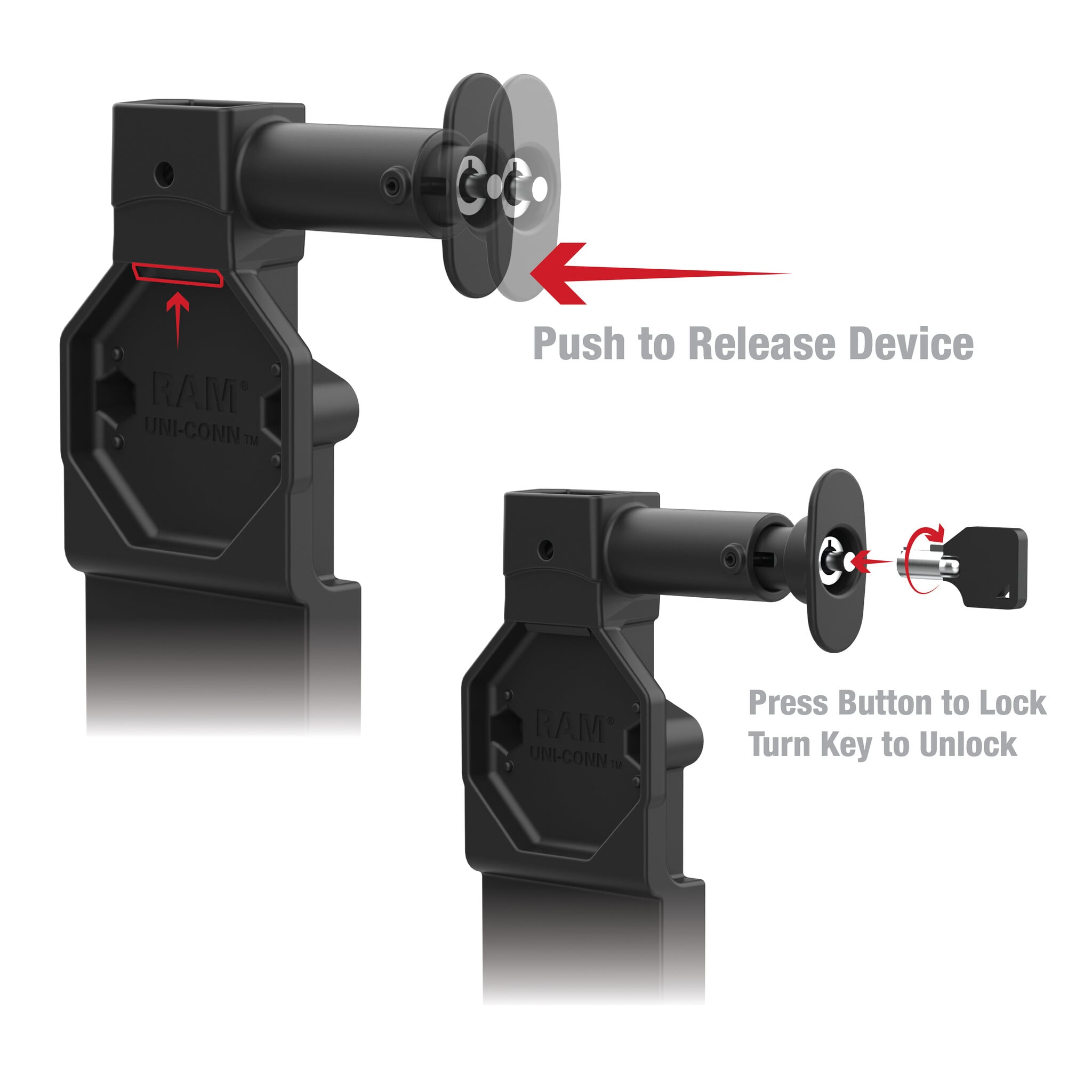 RAM-GDS-DOCKL-U4CD2U RAM montiert GDS Uni-Conn Ladedock (Key-Locking) mit Entriegelknopf – 2-Loch AMPS – USB-C & Dual USB-A Anschluss – Schraubensatz