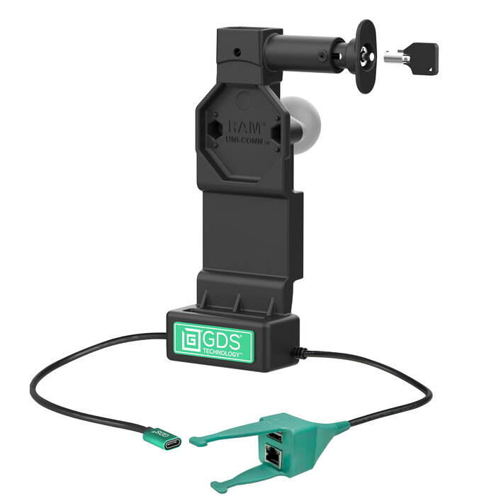 RAM MOUNT RAM-GDS-DOCKL-U4CP-RJ45AU Base di ricarica RAM Mounts GDS Uni-Conn (con blocco a chiave) con pulsante di sblocco - 2 fori AMPS - Connettore USB-C e USB-A/RJ45 - Set di viti