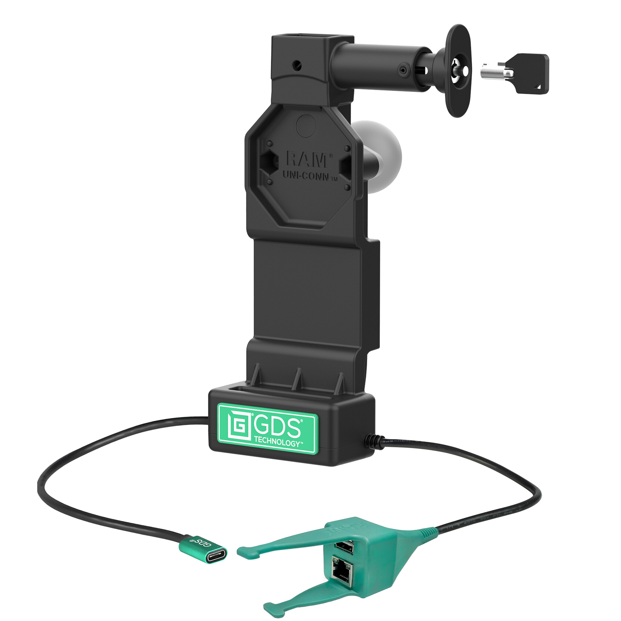 RAM MOUNT RAM-GDS-DOCKL-U4CP-RJ45AU Base de carga RAM Mounts GDS Uni-Conn (con bloqueo de llave) con botón de liberación - AMPS de 2 orificios - Conector USB-C y USB-A/RJ45 - Juego de tornillos