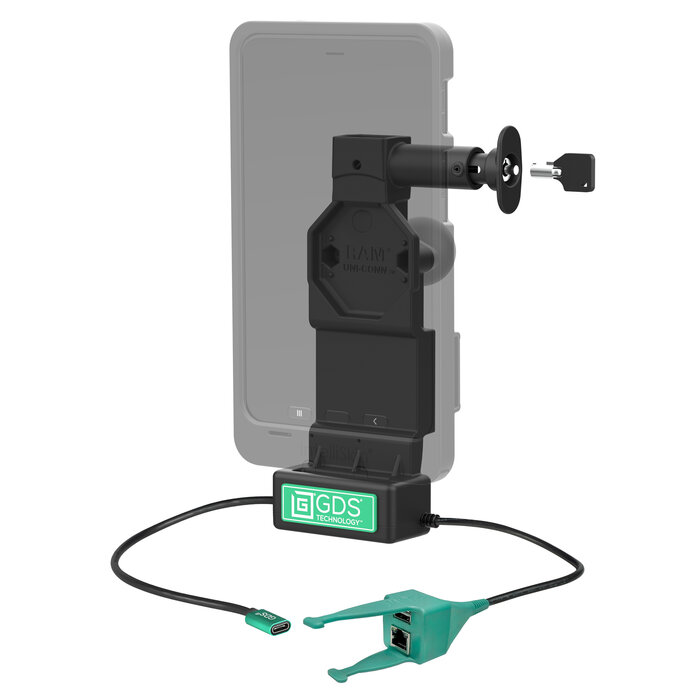 RAM MOUNT RAM-GDS-DOCKL-U4CP-RJ45AU Base di ricarica RAM Mounts GDS Uni-Conn (con blocco a chiave) con pulsante di sblocco - 2 fori AMPS - Connettore USB-C e USB-A/RJ45 - Set di viti