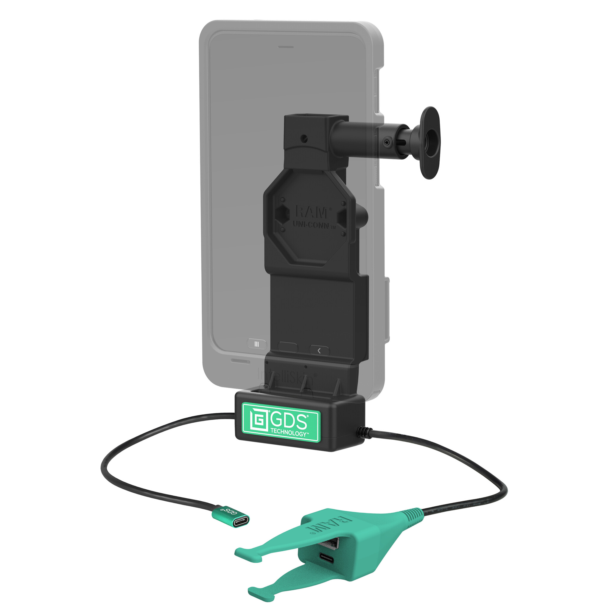 RAM MOUNT RAM-GDS-DOCK-U4CP-CAU RAM bevestigt GDS Uni-Conn oplaaddock met ontgrendelingsknop - 2-gat AMPS - USB-C & USB-C/A Connector - schroefset