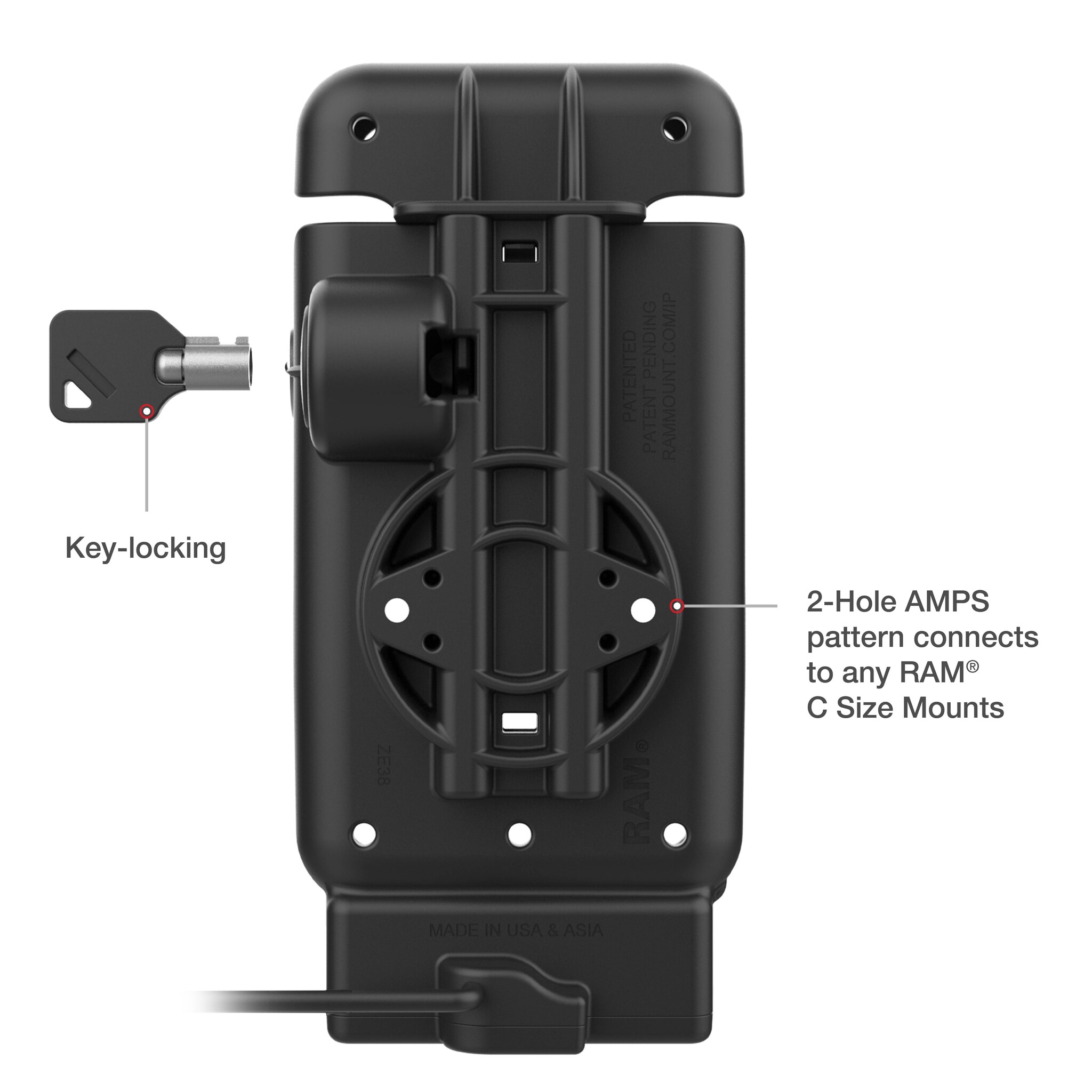 RAM MOUNT RAM-GDS-DOCKL-V15-CU RAM Mounts GDS Dock di bloccaggio per veicoli per Honeywell CT37 (in custodia protettiva IntelliSkin) - Alimentazione USB-C - 2 fori AMPS - Tecnologia GDS