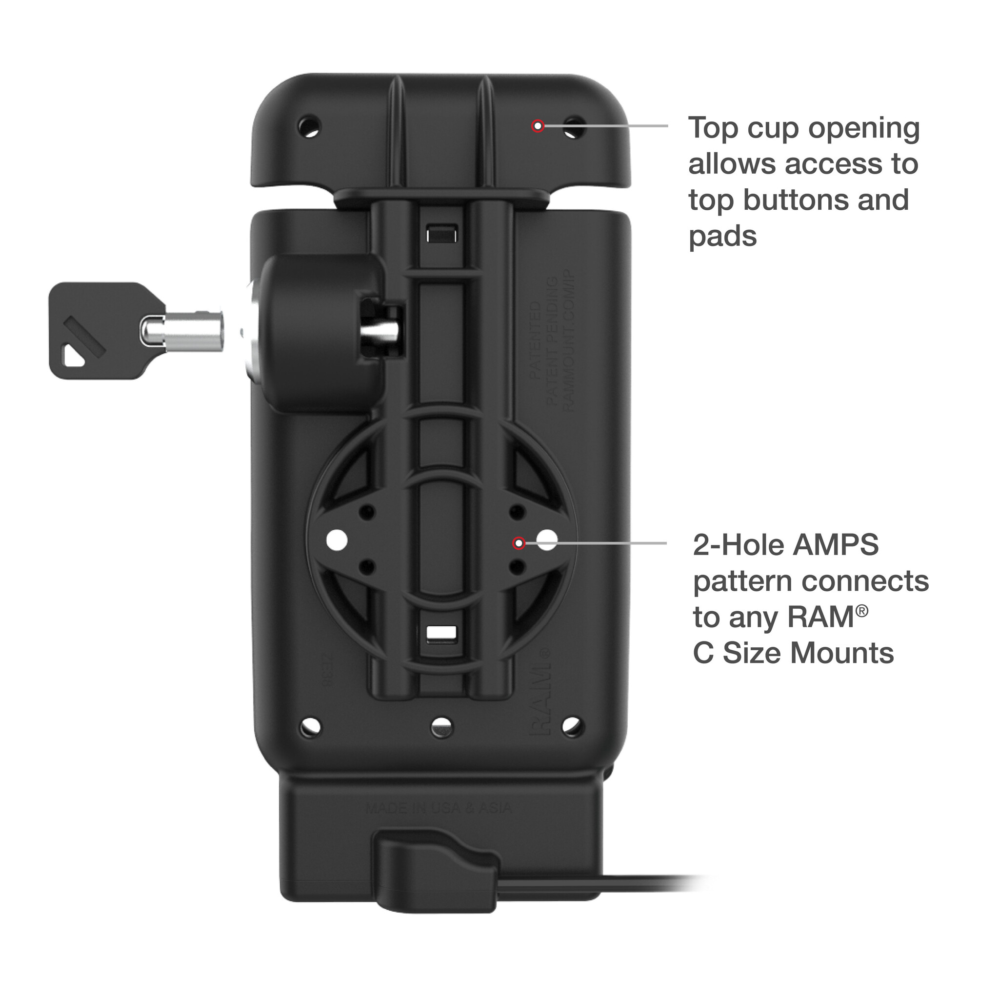 RAM MOUNT RAM-HOL-V15-ZE38PLU Docking station alimentata RAM Mounts (con blocco a chiave) per Zebra EM45 - con o senza custodia rinforzata - Alimentazione USB-C con schema AMPS a 2 fori