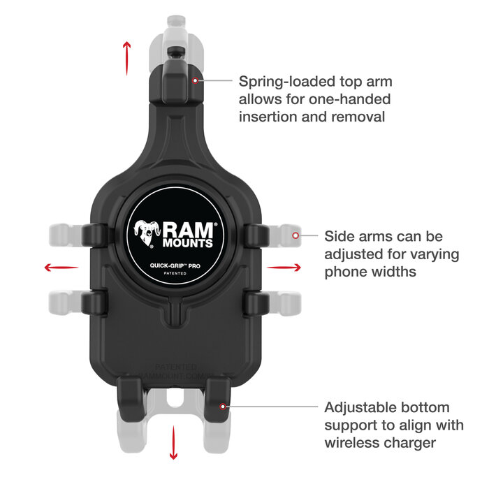 RAM MOUNT RAM-HOL-PD5BU Supporto RAM Mounts Quick-Grip Pro per smartphone - Larghezza fino a 95,25 mm - Compatibile con Mag-Safe - Con base diamantata (misura B - 1") - Set di viti