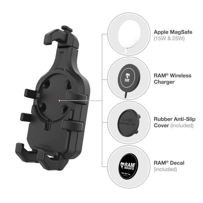 RAM MOUNT RAM-HOL-PD5BU Supporto RAM Mounts Quick-Grip Pro per smartphone - Larghezza fino a 95,25 mm - Compatibile con Mag-Safe - Con base diamantata (misura B - 1") - Set di viti