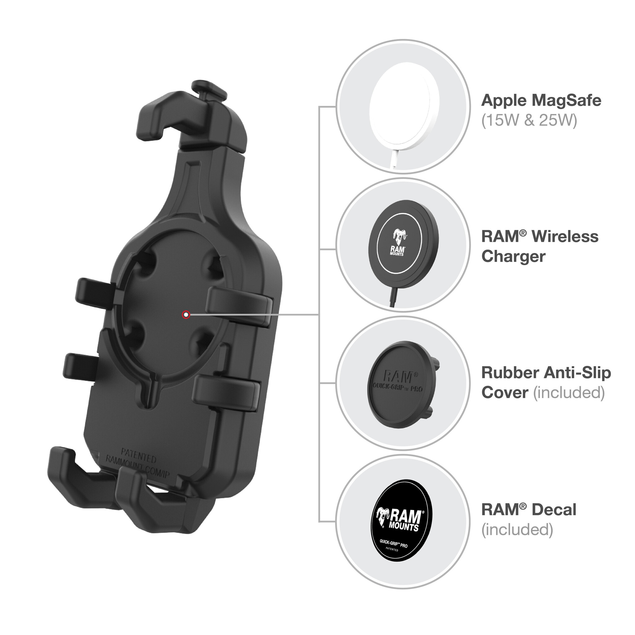 RAM MOUNT RAM-HOL-PD5BU RAM Mounts Quick-Grip Pro Holder for Smartphones - Up to 95.25 mm Width - Mag-Safe Compatible - With Diamond Base (B-Size - 1?) - Screw-Set