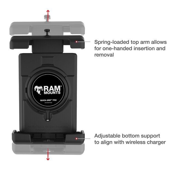 RAM MOUNT RAM-HOL-PD7BU Soporte RAM Mounts Quick-Grip Pro XL para smartphones - Hasta 88,9 mm de ancho - Compatible con MagSafe - Con base Diamond (tamaño B - 1") - Juego de tornillos