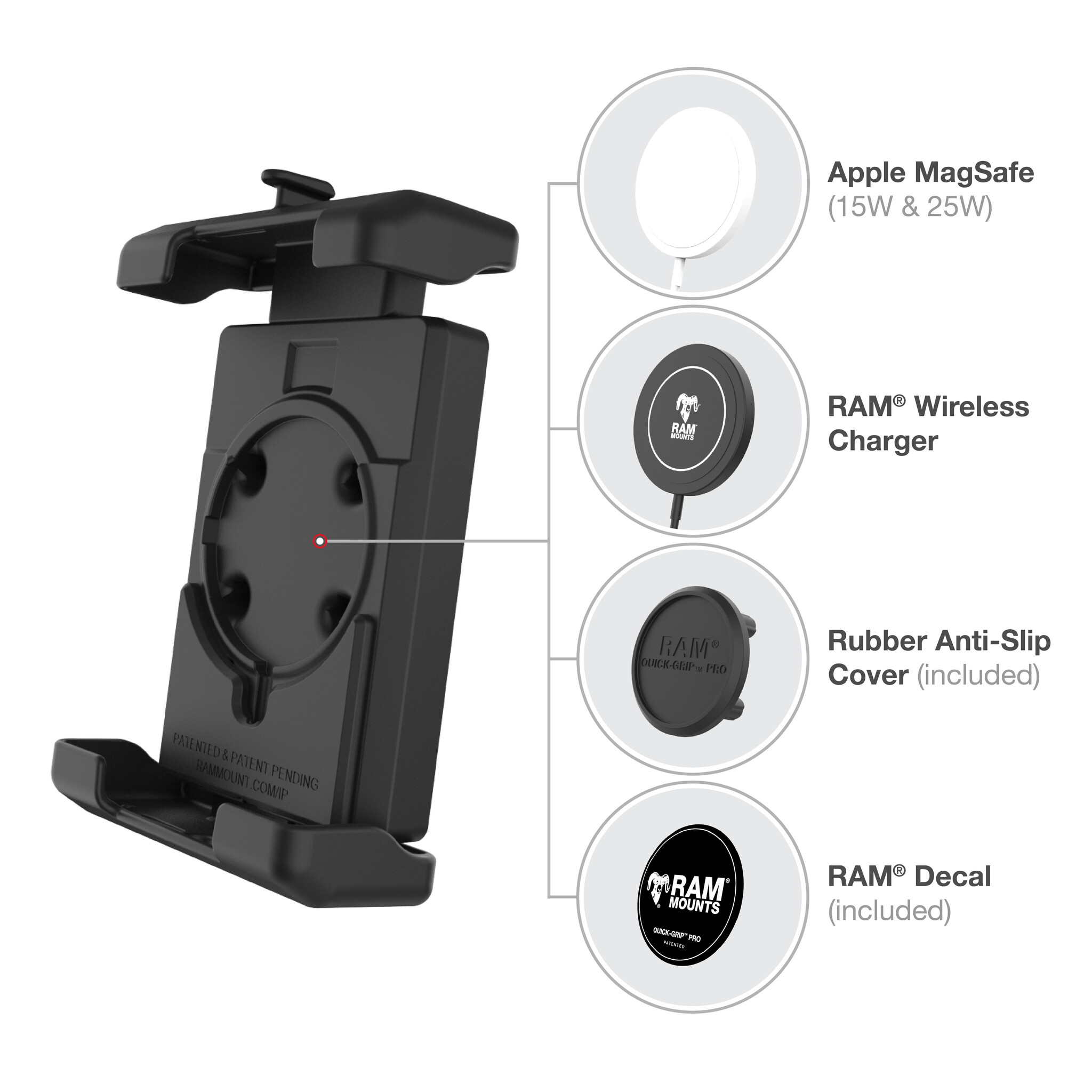 RAM MOUNT RAM-HOL-PD7BU Supporto RAM Mounts Quick-Grip Pro XL per smartphone - Larghezza fino a 88,9 mm - Compatibile con Mag-Safe - Con base diamantata (misura B - 1") - Set di viti