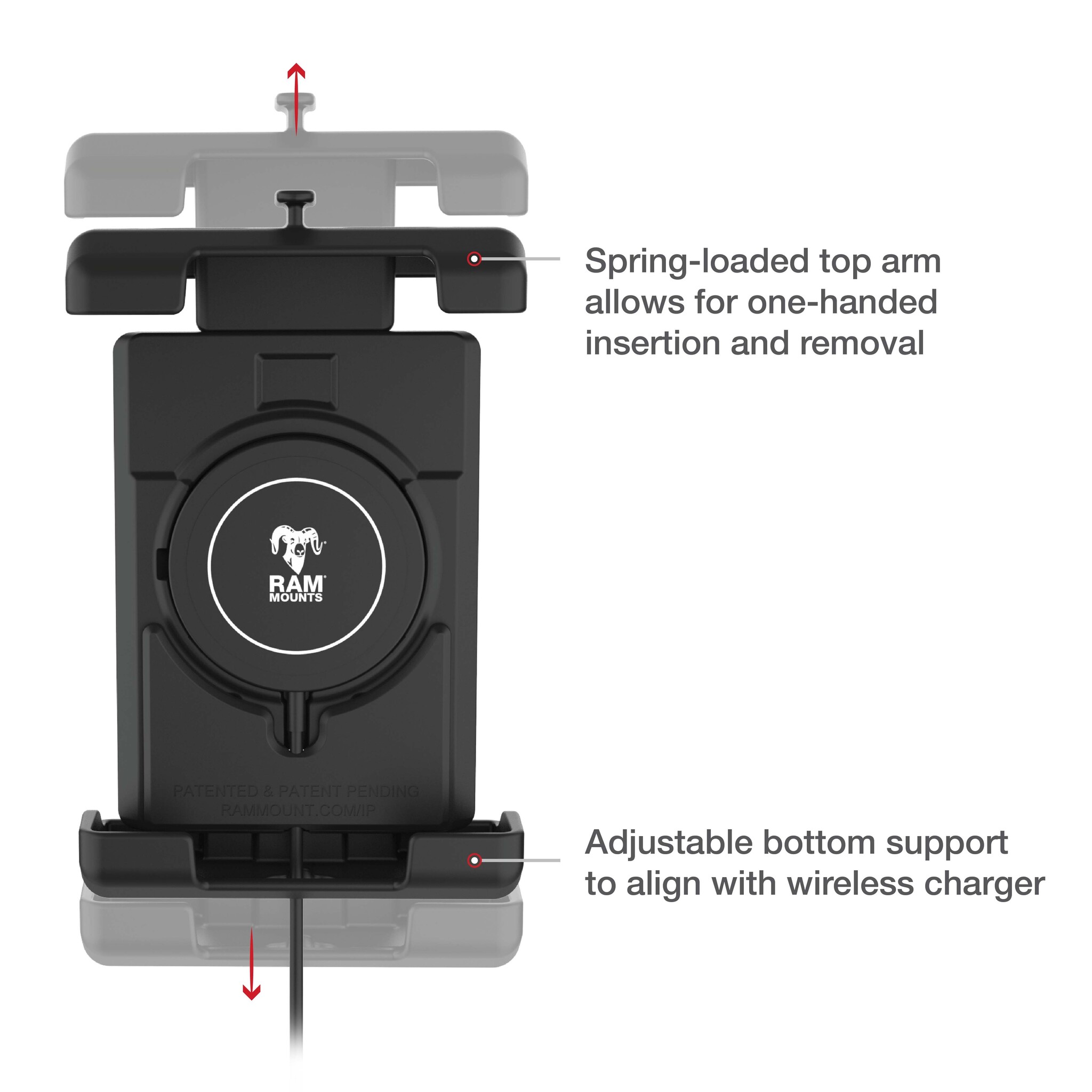 RAM MOUNT RAM-HOL-PD7B-W2MU RAM monteert Quick-Grip Pro XL houder voor smartphones met Qi2 draadloze oplader - tot 88,9 mm breedte - Mag-Safe compatibel - met diamantvoet (B-formaat - 1?)
