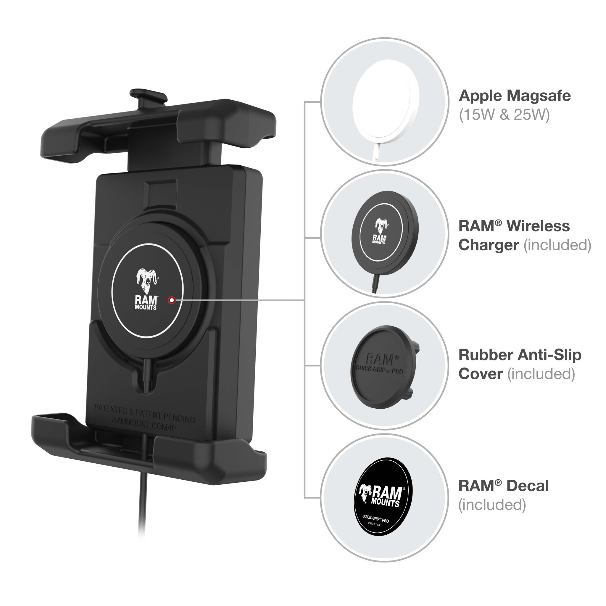 RAM MOUNT RAM-HOL-PD7B-W2MU Support RAM Mounts Quick-Grip Pro XL pour smartphones avec chargeur sans fil Qi2 - Largeur jusqu'à 88,9 mm - Compatible Mag-Safe - Avec base diamant (taille B - 1?)