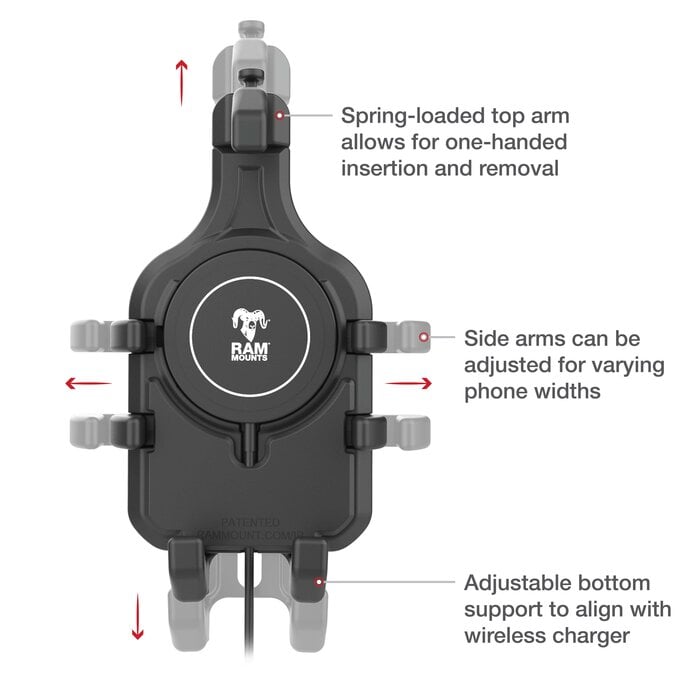 RAM MOUNT RAM-HOL-PD5B-W2MU Soporte RAM Mounts Quick-Grip Pro para smartphones con cargador inalámbrico Qi2 - Hasta 95,25 mm de ancho - Compatible con MagSafe - Con base de diamante (tamaño B - 1")