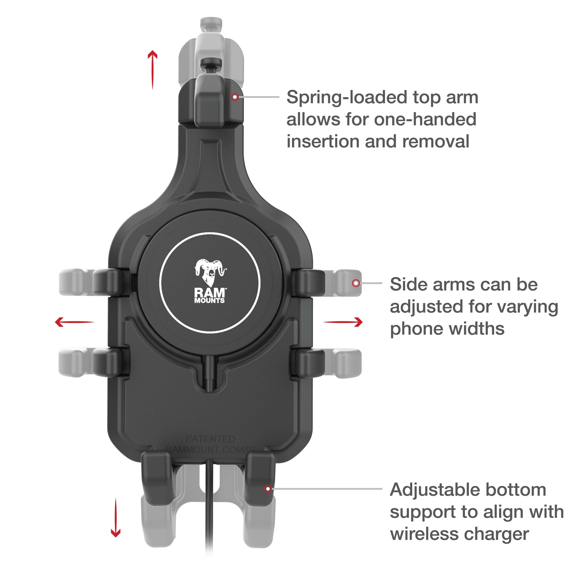 RAM MOUNT RAM-HOL-PD5B-W2MU Supporto RAM Mounts Quick-Grip Pro per smartphone con caricabatterie wireless Qi2 - Larghezza fino a 95,25 mm - Compatibile con Mag-Safe - Con base diamantata (taglia B - 1")
