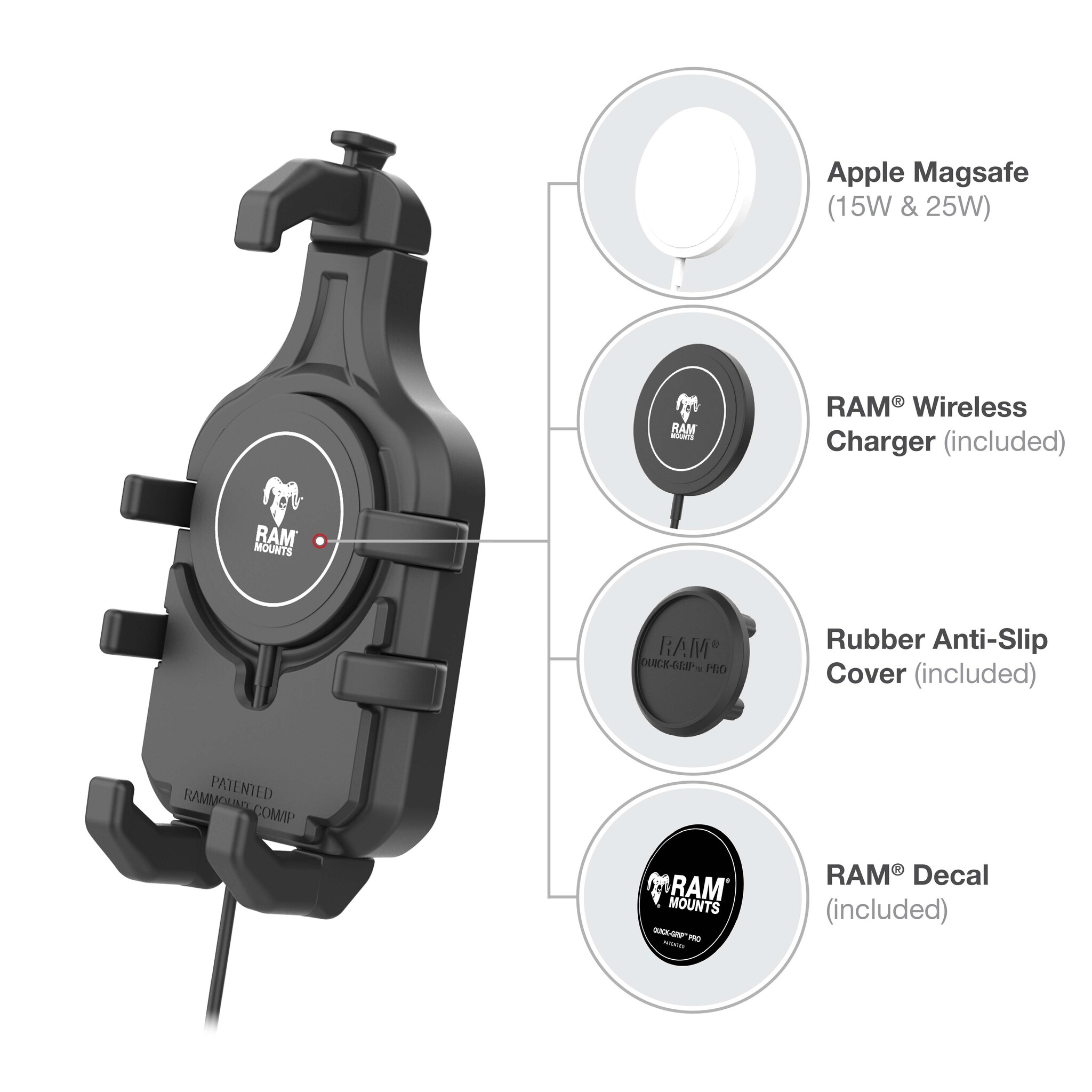 RAM MOUNT RAM-HOL-PD5B-W2MU Support RAM Mounts Quick-Grip Pro pour smartphones avec chargeur sans fil Qi2 - Largeur jusqu'à 95,25 mm - Compatible Mag-Safe - Avec base diamant (taille B - 1?)