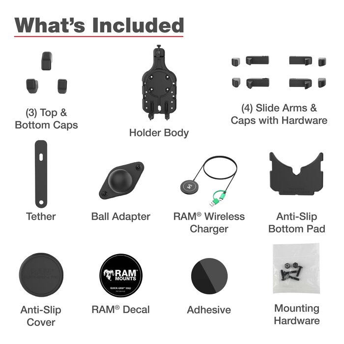 RAM MOUNT RAM-HOL-PD5B-W2MU Support RAM Mounts Quick-Grip Pro pour smartphones avec chargeur sans fil Qi2 - Largeur jusqu'à 95,25 mm - Compatible Mag-Safe - Avec base diamant (taille B - 1?)