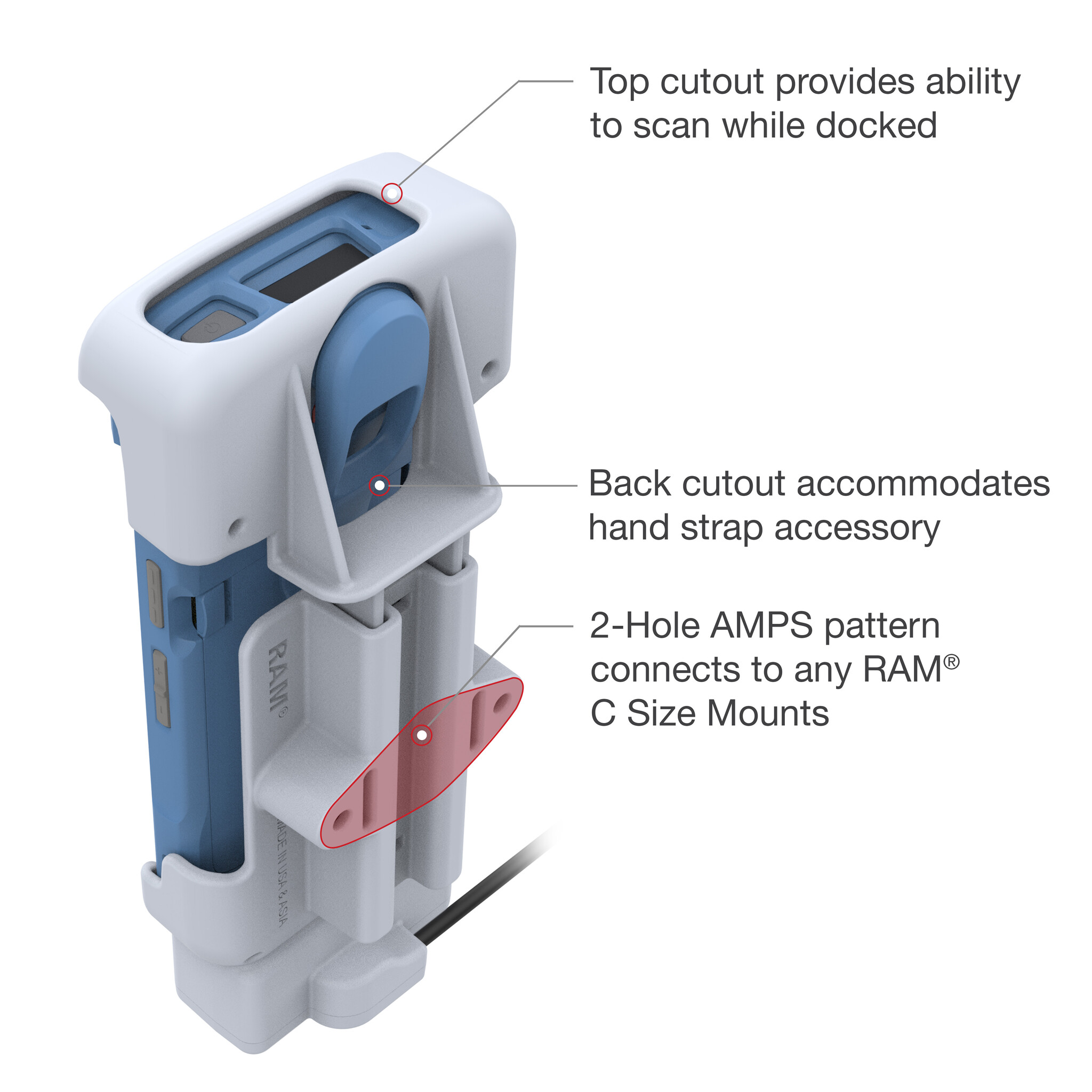 RAM MOUNT RAM-HOL-ZE39-GRY Supporto sagomato RAM Mounts per Zebra HC20 e HC50 - Pogo-Pins - Connettore CC da 5,5 mm - Grigio chiaro
