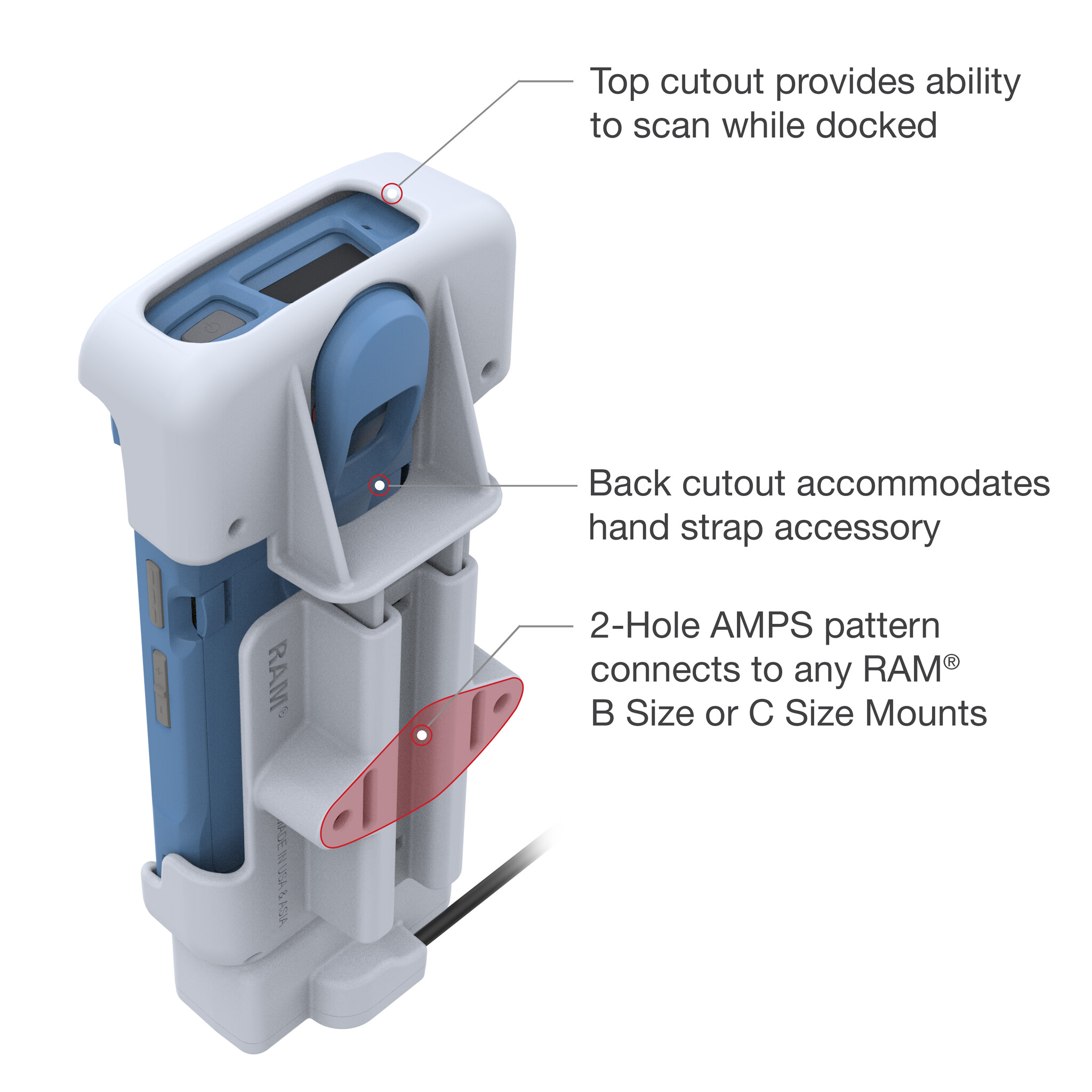 RAM MOUNT RAM-HOL-ZE39-C-GRY Supporto sagomato RAM Mounts per alimentatore USB-C Zebra HC20 e HC50 - Grigio