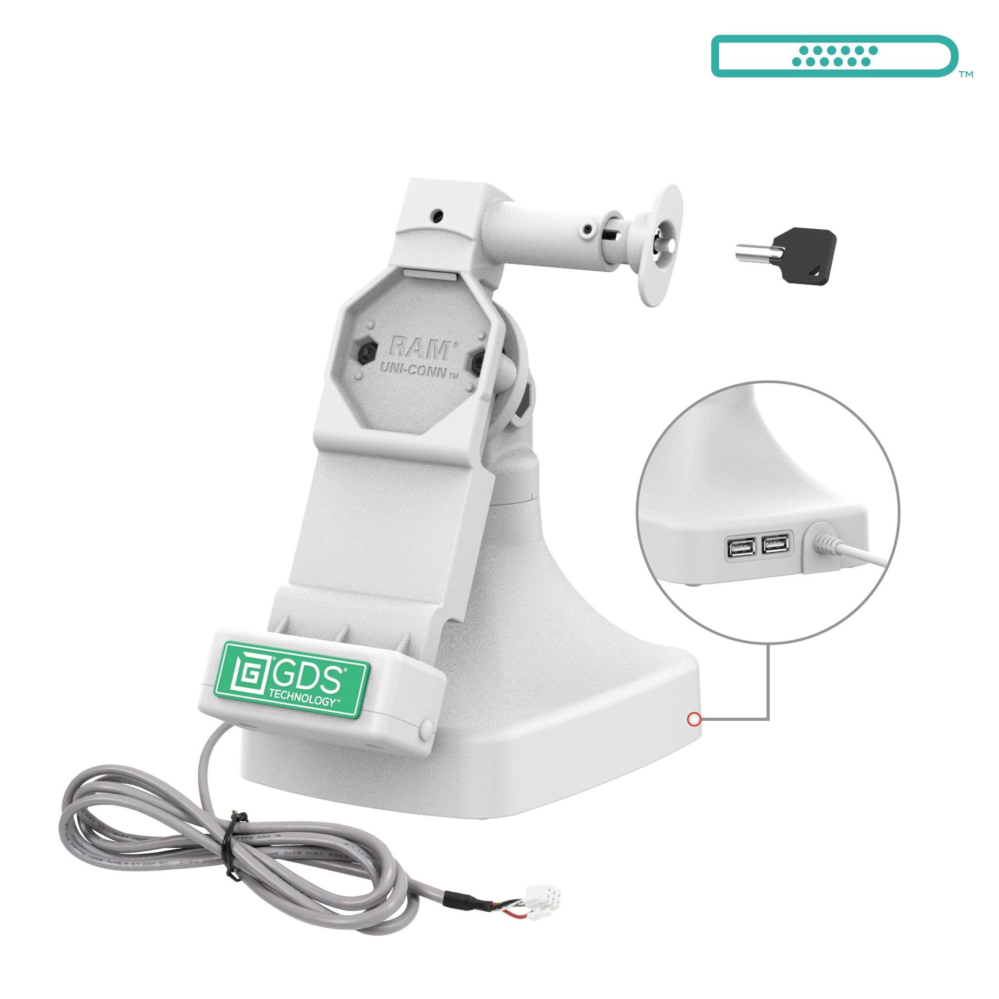 RAM MOUNT Base de carga GDS® Uni-Conn? con bloqueo, inclinación y giro, con PoE y datos - gris claro