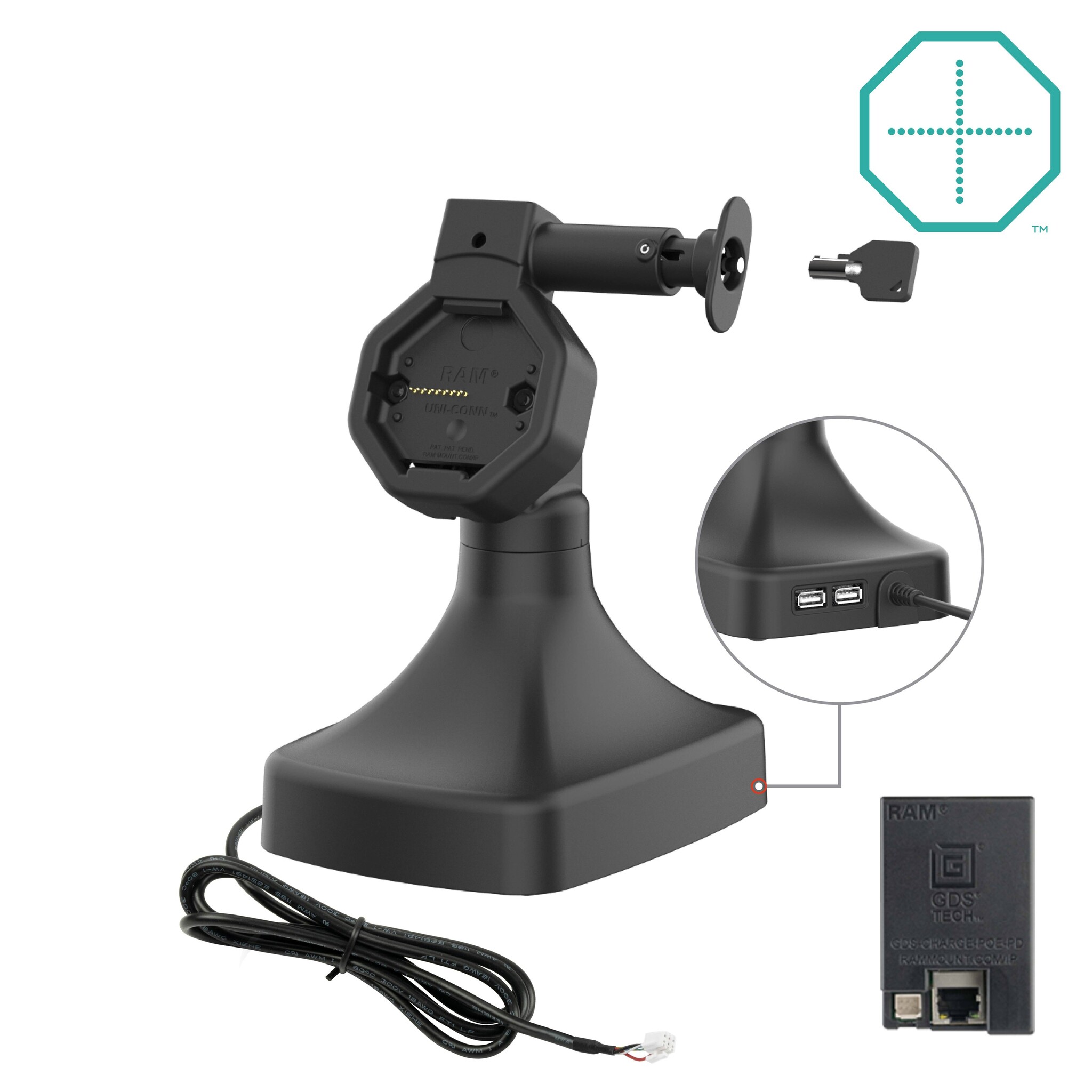RAM MOUNT Support de verrouillage inclinable et pivotant alimenté GDS® Uni-Connâ?¢ avec PoE + données