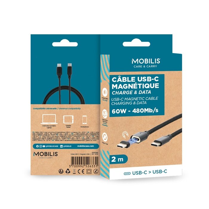 MOBILIS Câble USB-C magnétique de 2 mètres, puissance 60W - MOBILIS