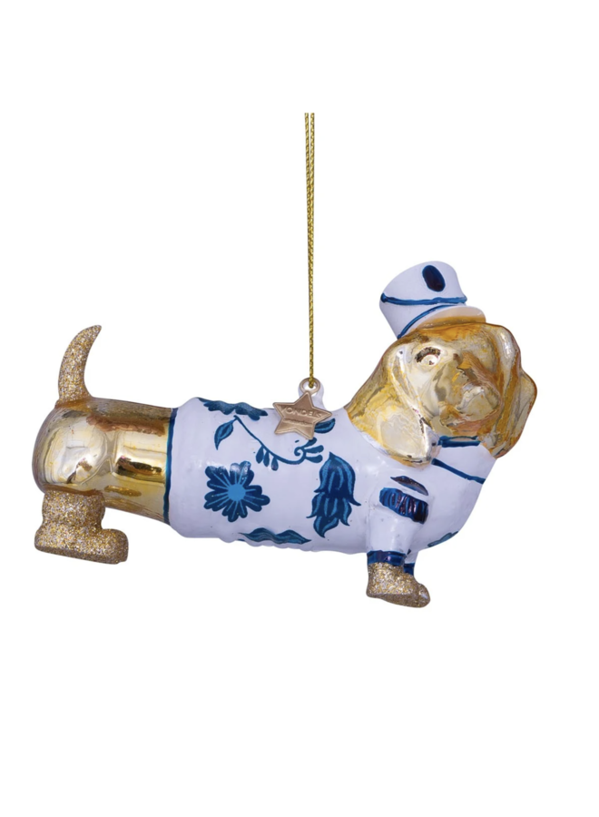 Ornament Glass gold/ Delft Blue Dog with box - Vondels