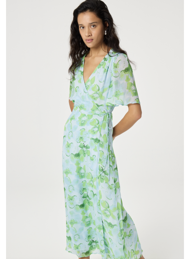 Denise Dress Light Blue/Green Blue Orchid Bouquet Fabienne Chapot