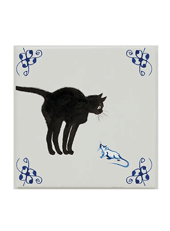 Wall tile collage old Dutch tile of cat and mouse Lylies